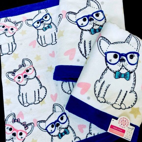 Frenchie Puppy Dogs in Glasses 3-pc Blue & Pink Bath Towels Set - Picture 1 of 2